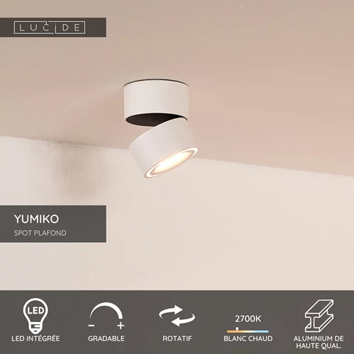 Lucide YUMIKO - Spot plafond - Ø 7,8 cm - LED Dim. - 1x10W 2700K - Blanc - USP